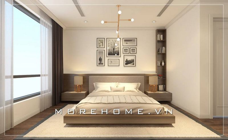 Mẫu giường ngủ chung cư hiện đại, gỗ công nghiệp với tone màu nâu tạo cảm giác trầm ấm hơn cho cả căn phòng